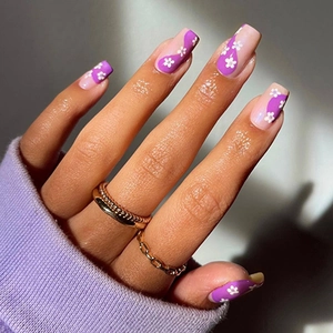 Purple Flower Press On Nails Glossy Squoval Shape Fake Nails Sweet French Style For Women Elegant Manicure