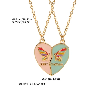 Detail of Best Friends split heart necklace with colorful butterfly and gold chain