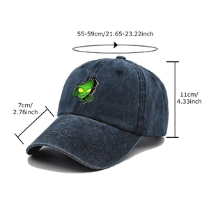 Vintage washed navy baseball cap with green alien embroidery and adjustable metal buckle