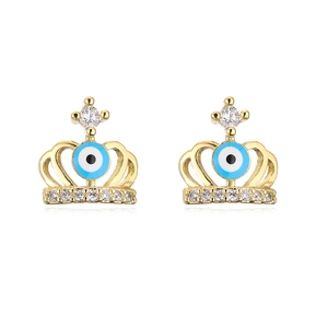 Detail of 18K gold plated crown stud earrings featuring a blue evil eye and sparkling crystals