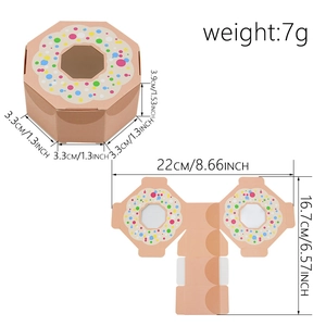 Pink donut pattern wedding candy box showing assembled 3D view and flat dimensions