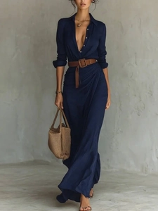 Elegantes marineblaues Maxikleid mit V-Ausschnitt, Langarm und braunem Ledergürtel