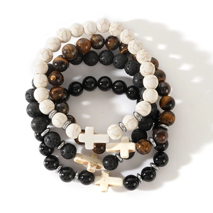 Tiger eye and black onyx beaded bracelet set with white cross charms for men