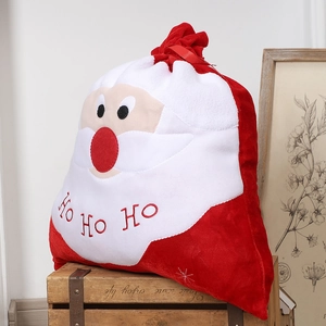 Large Christmas Santa drawstring gift bag in red velvet with Ho Ho Ho embroidery on wood