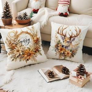 Detail of Christmas pillow covers featuring reindeer and let's be merry typography on rug