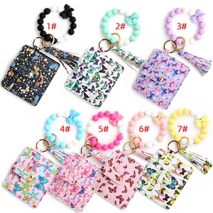 Beaded wristlet keychain with butterfly print card holder wallet and tassel charm