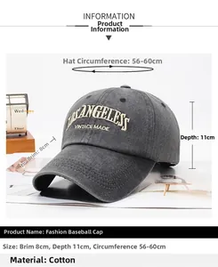Detailed size chart for vintage dark grey cotton baseball cap with Los Angeles embroidery