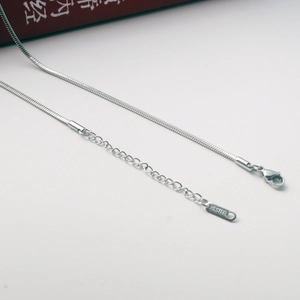 Macro shot of stainless steel snake chain showing lobster clasp and adjustable link