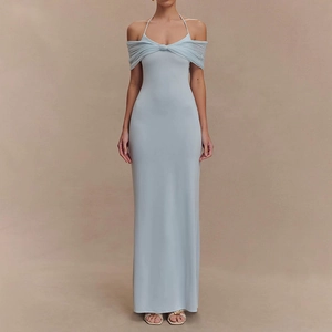 Women Halter Neck Maxi Dress Off Shoulder Backless Mesh Patchwork Solid Color Bodycon Long Evening Party Clubwear