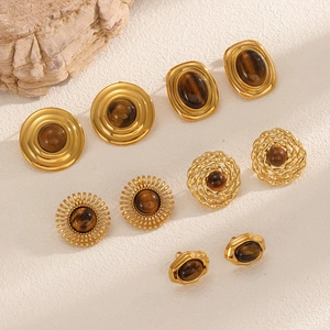 Tigers Eye Gemstone Stud Earrings Stainless Steel 18K Gold Plated Geometric Vintage Style Jewelry For Women