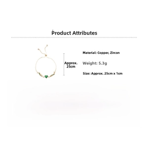 Detailed specs of adjustable gold heart bracelet with green zircon and copper details