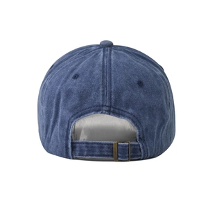 Detail of navy blue washed denim baseball cap featuring metal buckle and adjustable strap