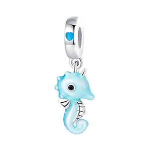 Luminous blue seahorse charm pendant with silver heart detail for DIY bracelets