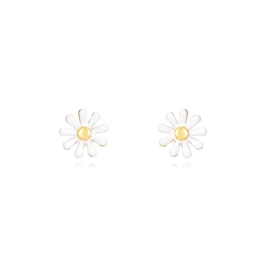 Detailed close-up of daisy stud earrings with white petals and golden center