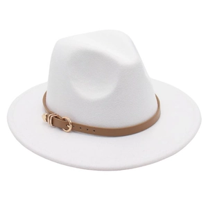 Detail of white wool fedora hat featuring a brown leather belt with golden metal buckle
