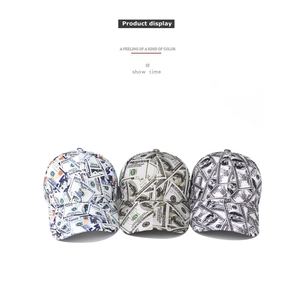 Three-piece baseball cap set featuring realistic US dollar bill all-over print designs