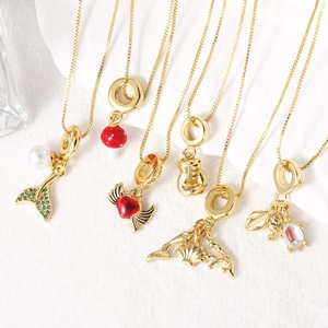 Copper Pendant Necklace Genuine Gold Plated Heart Mermaid Fish Tail Mushroom Enamel Shell Faux Artificial Pearl Jewelry For Women