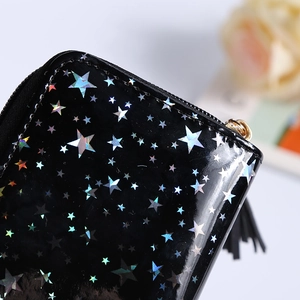Black holographic star patterned wallet with glossy finish and tassel zipper detail