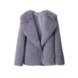 Close-up of faux fox fur texture and wide lapel on light purple winter jacket