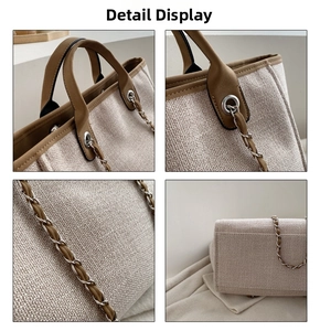 Detalle del bolso tipo saco con textura tejida, asas de cuero y correa de cadena plata