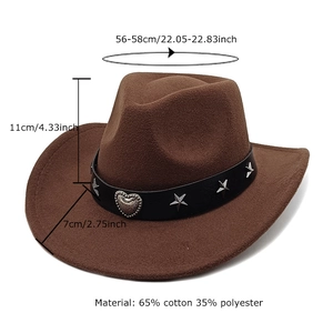 Brown western cowboy hat with silver star rivets and heart buckle on a decorative band
