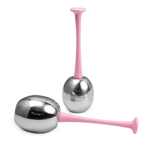 Detail of pink handled stainless steel cryo facial sticks for skin cooling massage