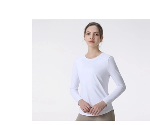 Close-up of slim-fit white long-sleeve yoga top with round neck and quick-dry fabric