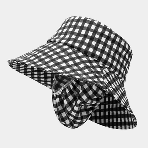 Women's UV protection sun hat with wide brim, neck flap and face cover in black check
