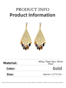 Detail of bohemian hollow diamond earrings with tiger eye stone and silver needle studs