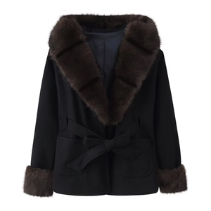 Women's black hooded wool coat featuring a brown faux fur collar and bow belt waist