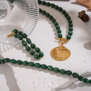 French vintage dark green resin bead necklace and bracelet set with gold shell pendant