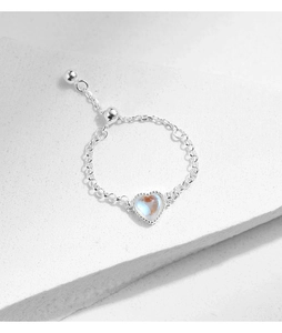 Detail of adjustable S925 sterling silver chain ring with heart moonstone pendant