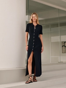 Slim fit button-up knit maxi dress with polo collar and side slit in black