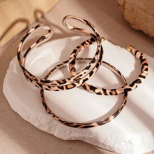 Vintage Leopard Print Bangle Alloy Faux Leather Open Double Layer Bracelet Geometric Retro Jewelry For Women