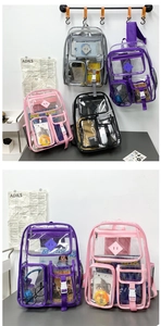 Dettaglio dello zaino trasparente in PVC impermeabile con fibbie e tasche multifunzione