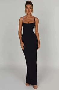 Detail of elegant black bodycon maxi dress with backless design and square neckline