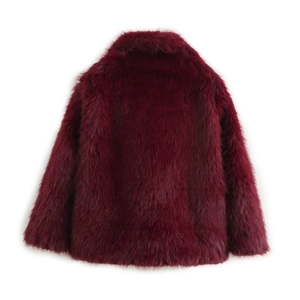 Back view of a plush long-pile faux fur coat in deep burgundy for autumn and winter
