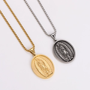 Vintage Virgin Mary Guadalupe oval pendants on woven gold and silver necklaces