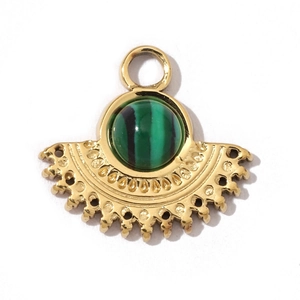 Macro detail of fan-shaped gold stainless steel pendant with green striped stone