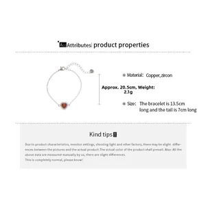 Detailed specifications of silver heart bracelet showing 20.5cm length and copper zircon material