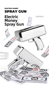 Close-up of dual silver electric money guns with prop dollar bills for party atmosphere