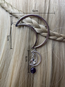 Detail view of silver crescent moon hair clip with purple beads and dimensions