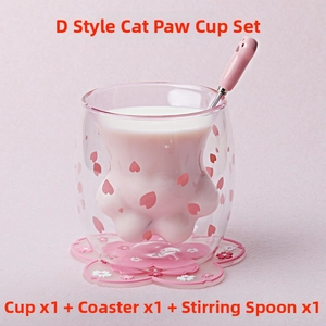 Detailed set of cat paw double-wall glass with cherry blossom coaster and spoon for milk