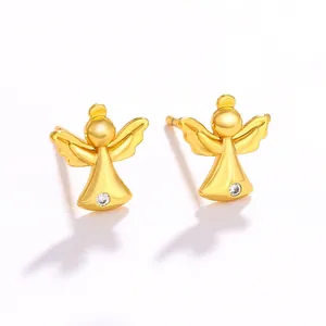 Detail shot of 24k gold plated angel stud earrings with sparkling round cubic zirconia stones
