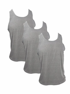 Three-pack of grey heathered fitness tanks for men showing knit texture and stitching
