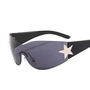 Y2K oversized shield sunglasses with silver star accents and smoked grey lenses