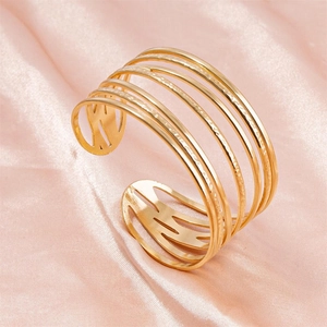 Multi Layer Cuff Bracelet Stainless Steel Hammered Texture Hollow Wide Bangle Adjustable Retro Bohemian Jewelry For Women