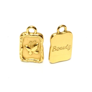 Golden stainless steel square pendants with butterfly relief and Beauty engraving