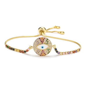 Adjustable gold bracelet with colorful cubic zirconia pavé evil eye charm for women