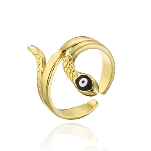 Detail of 18K gold-plated snake ring featuring an evil eye charm and adjustable open band